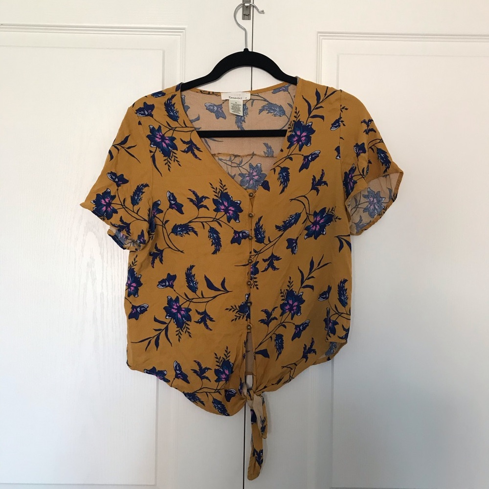 Yellow Floral button-down tie front shirt